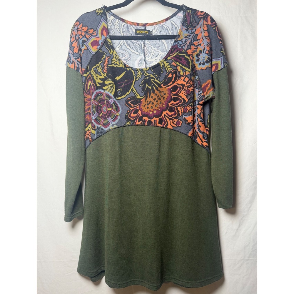 Reborn Womens Fall Olive Green Floral Paisley Long Sleeve Dress
